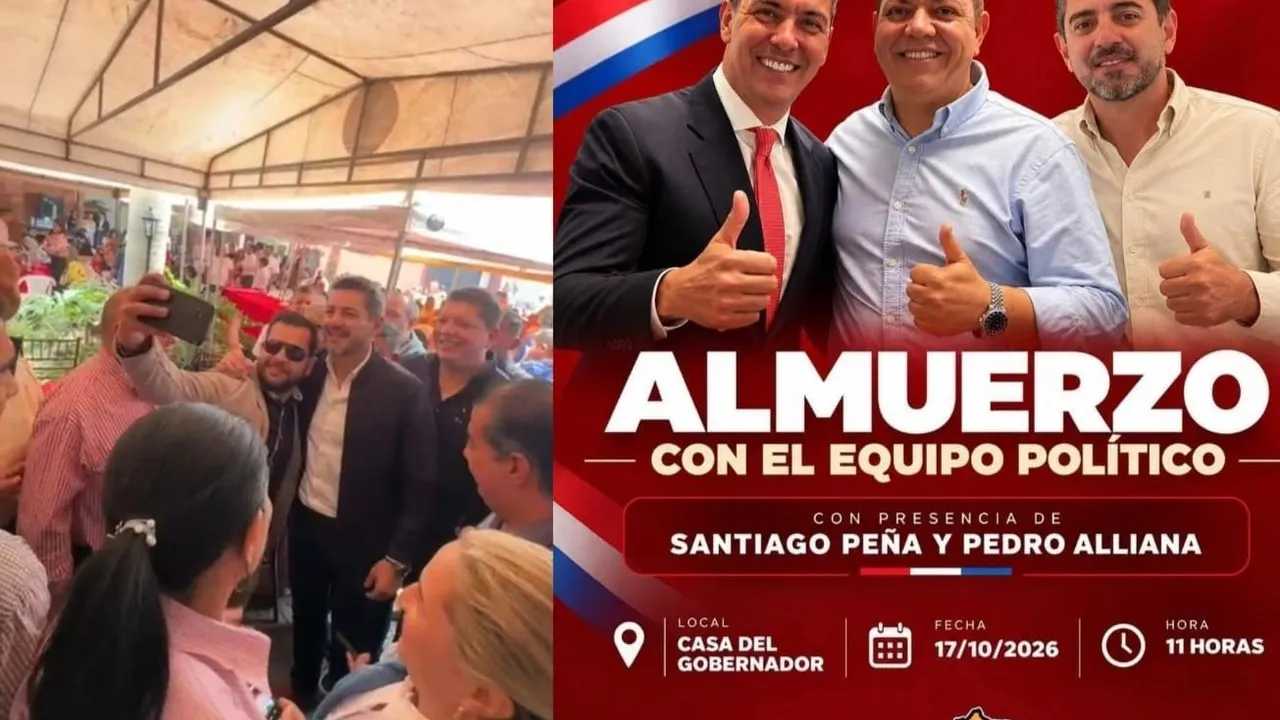 Santiago Peña, Pedro Alliana y Juancho Acosta en afiche de almuerzo junto a simpatizantes en un encuentro político.