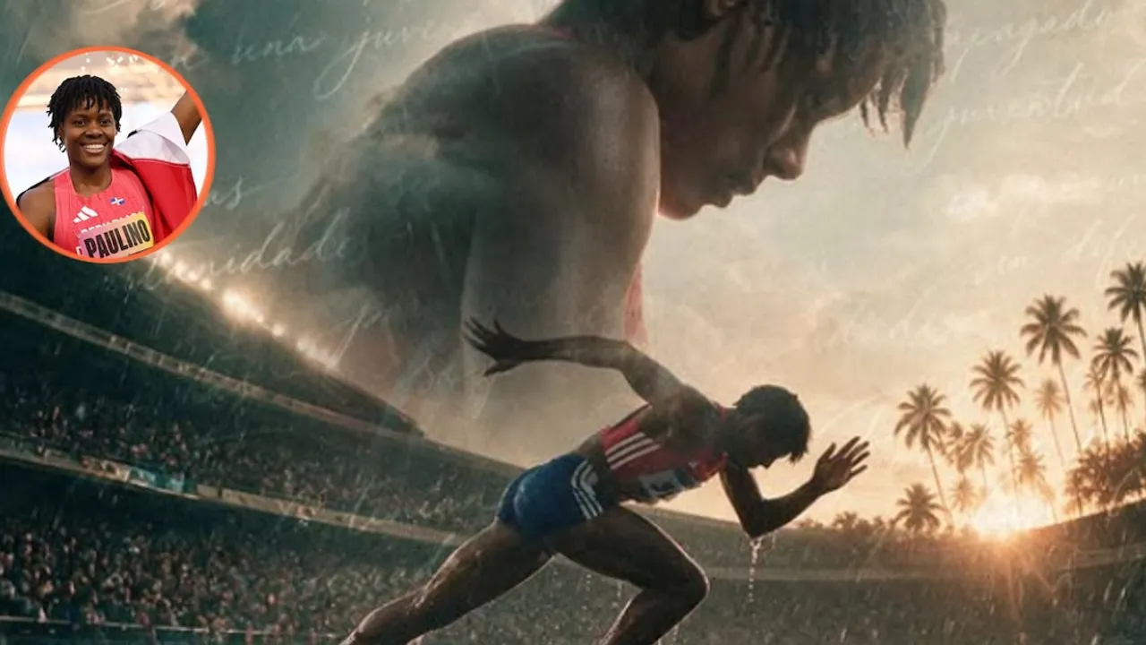 Atleta en posición de salida en una pista de atletismo con un retrato insertado sonriendo en la esquina superior.