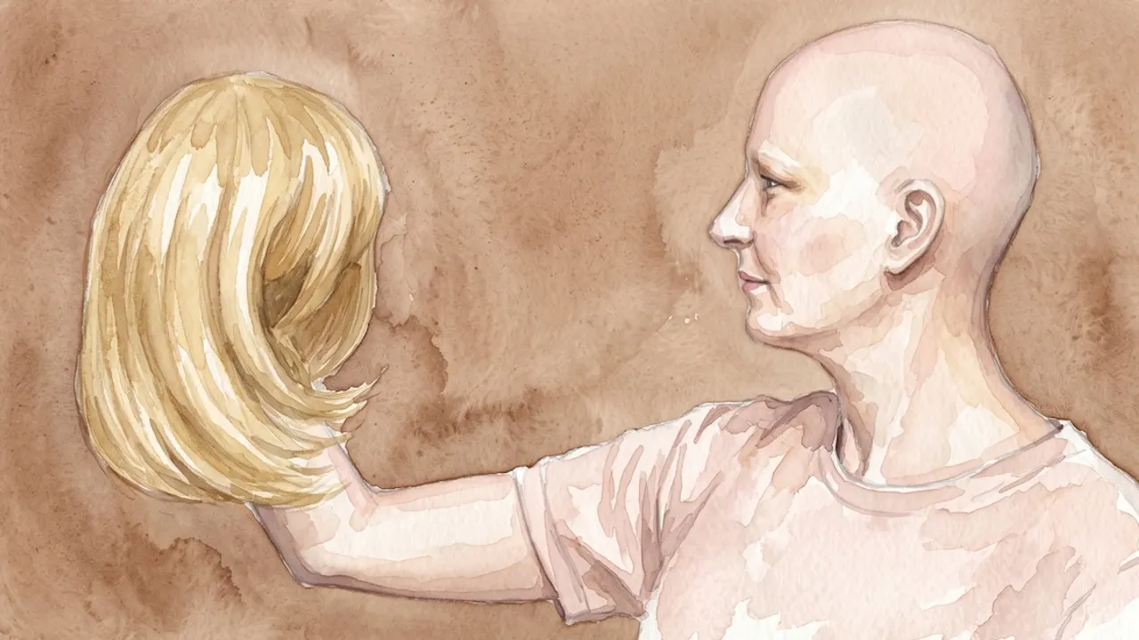 Ilustración en acuarela de una mujer sin cabello que sostiene una peluca rubia frente a su rostro.