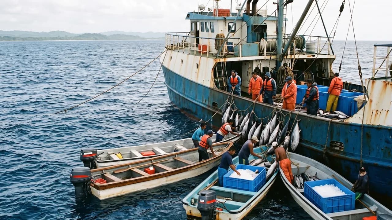 Pescadores en lanchas pequeñas descargan grandes atunes junto a un barco pesquero en altamar.