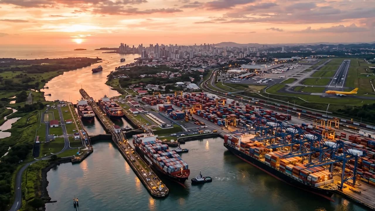 Vista aérea del Canal de Panamá con buques portacontenedores, terminal de carga y pista aérea al atardecer.