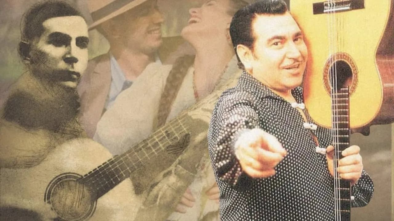 Retratos combinados de Emiliano R. Fernández y Luis Alberto del Paraná sonriendo mientras sostiene una guitarra.
