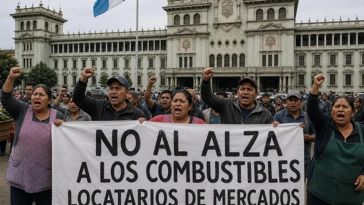 Manifestantes sostienen un cartel contra el alza de combustibles frente a un palacio gubernamental
