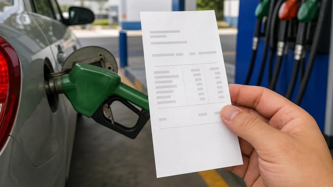 Mano sosteniendo un recibo de pago frente a una boquilla de combustible cargando un automóvil