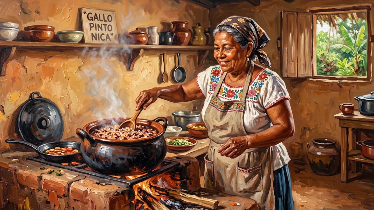 Pintura de una mujer sonriente con delantal cocinando frijoles en una olla de barro sobre fogón tradicional de leña.