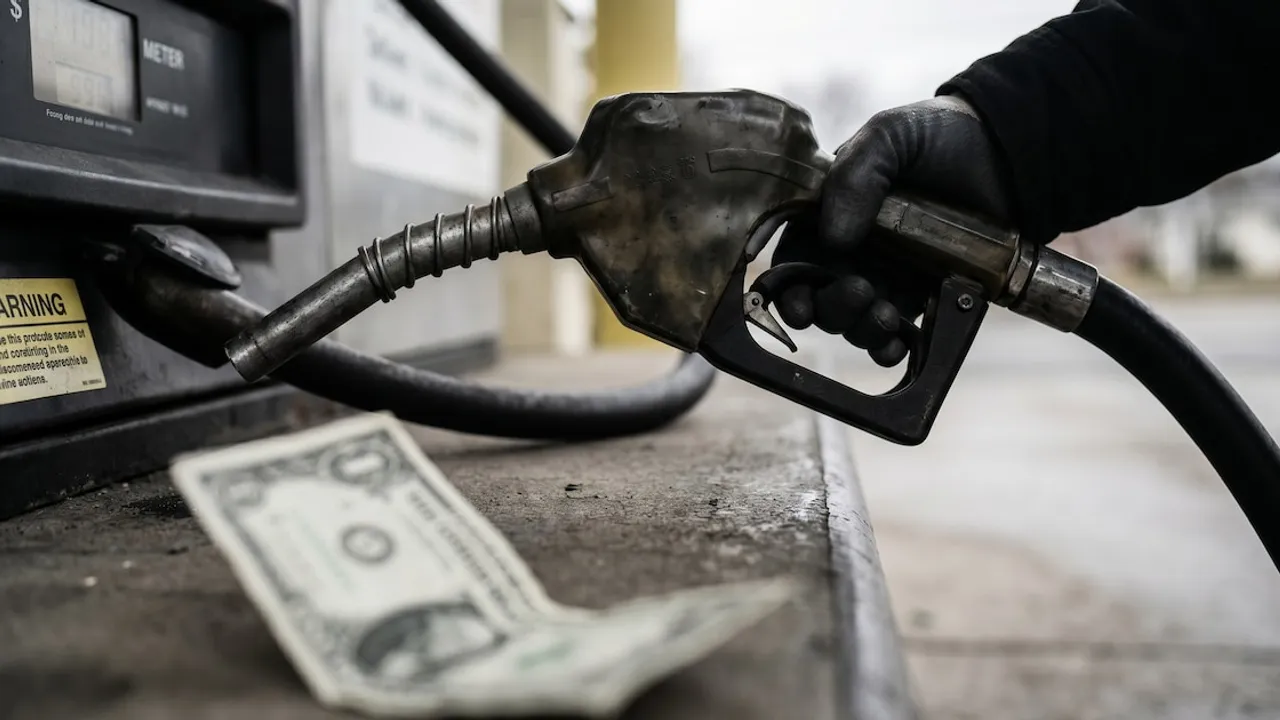 Mano con guante negro sosteniendo una manguera de combustible sobre un surtidor con un billete de dólar