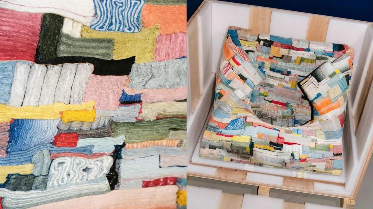 Estructura artística tridimensional elaborada con capas textiles de variados colores dentro de una caja de madera.