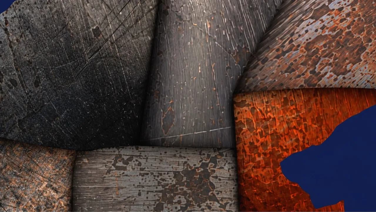 Composición abstracta con paneles curvos de superficies metálicas oxidadas, rayadas y cepilladas en tonos grises y cobrizos
