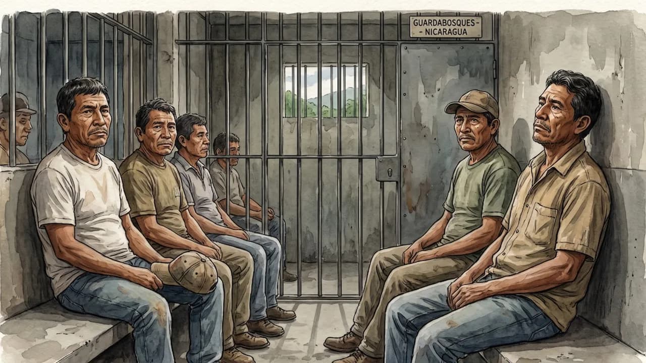 Ilustración de varios hombres sentados dentro de una celda carcelaria frente a una reja de hierro.