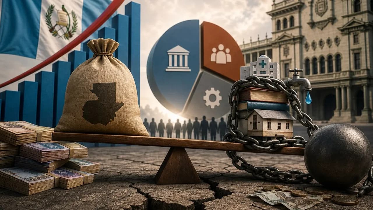 Balanza simbólica con saco de dinero y mapa junto a edificios públicos encadenados y gráficos financieros.