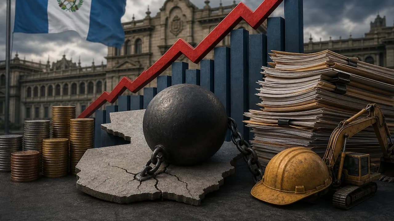 Gráfico de barras ascendente con una bola de demolición y monedas frente a la bandera de Guatemala