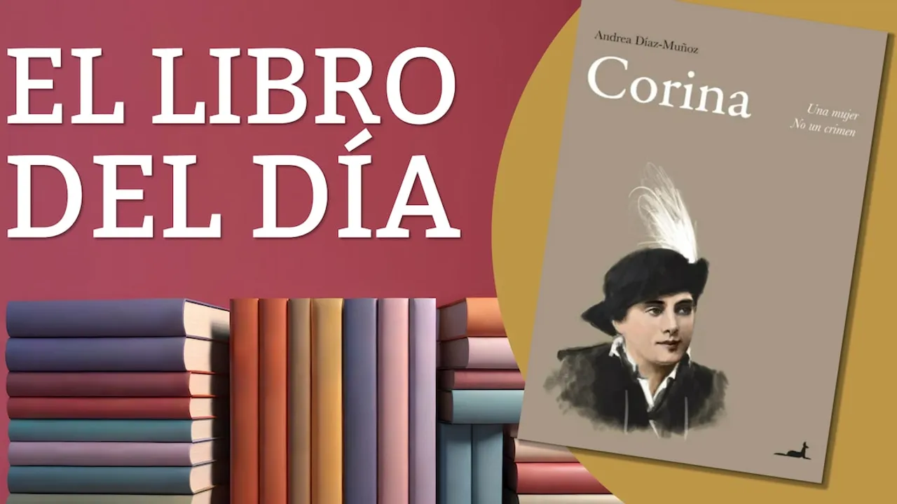 Portada del libro Corina junto a una pila de libros sobre fondo dividido en rojo y dorado