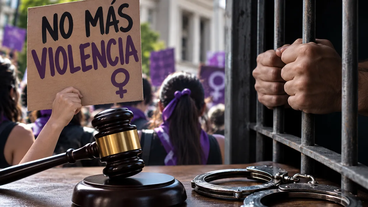 Cartel contra la violencia junto a un mazo judicial, esposas de metal y manos tras las rejas de una celda.