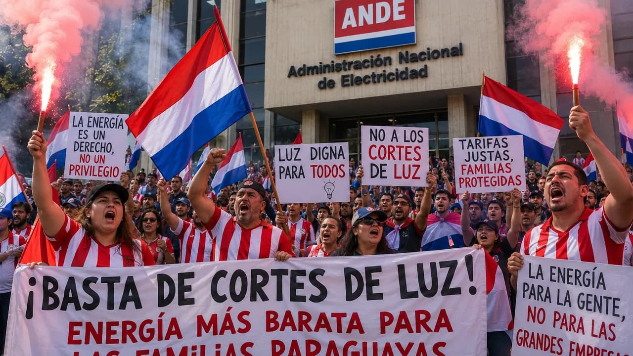 Manifestantes con banderas paraguayas y pancartas protestan con bengalas frente a la sede de la ANDE.