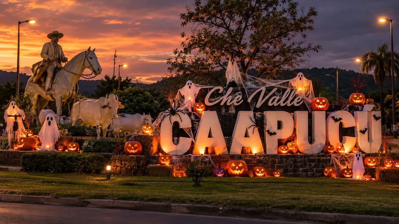 Cartel corpóreo de Caapucú adornado con calabazas de Halloween iluminadas, telarañas y figuras de fantasmas