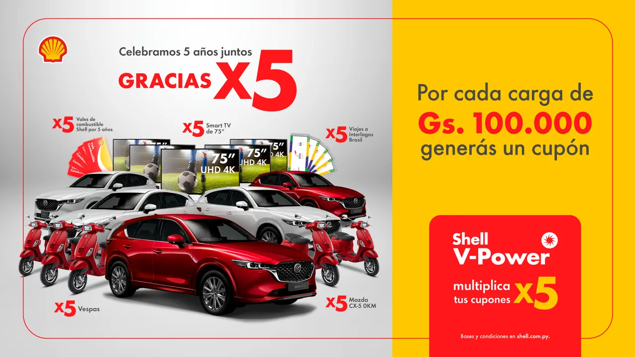 Afiche publicitario con vehículos utilitarios, motocicletas rojas y pantallas que promocionan premios en Paraguay.