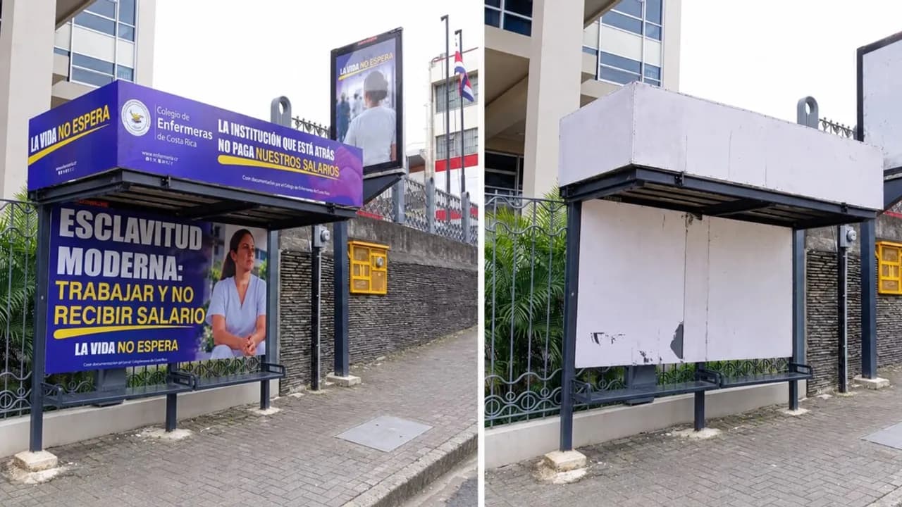 Comparación de una parada de autobús con un cartel gremial instalado y luego desmontado en San José.