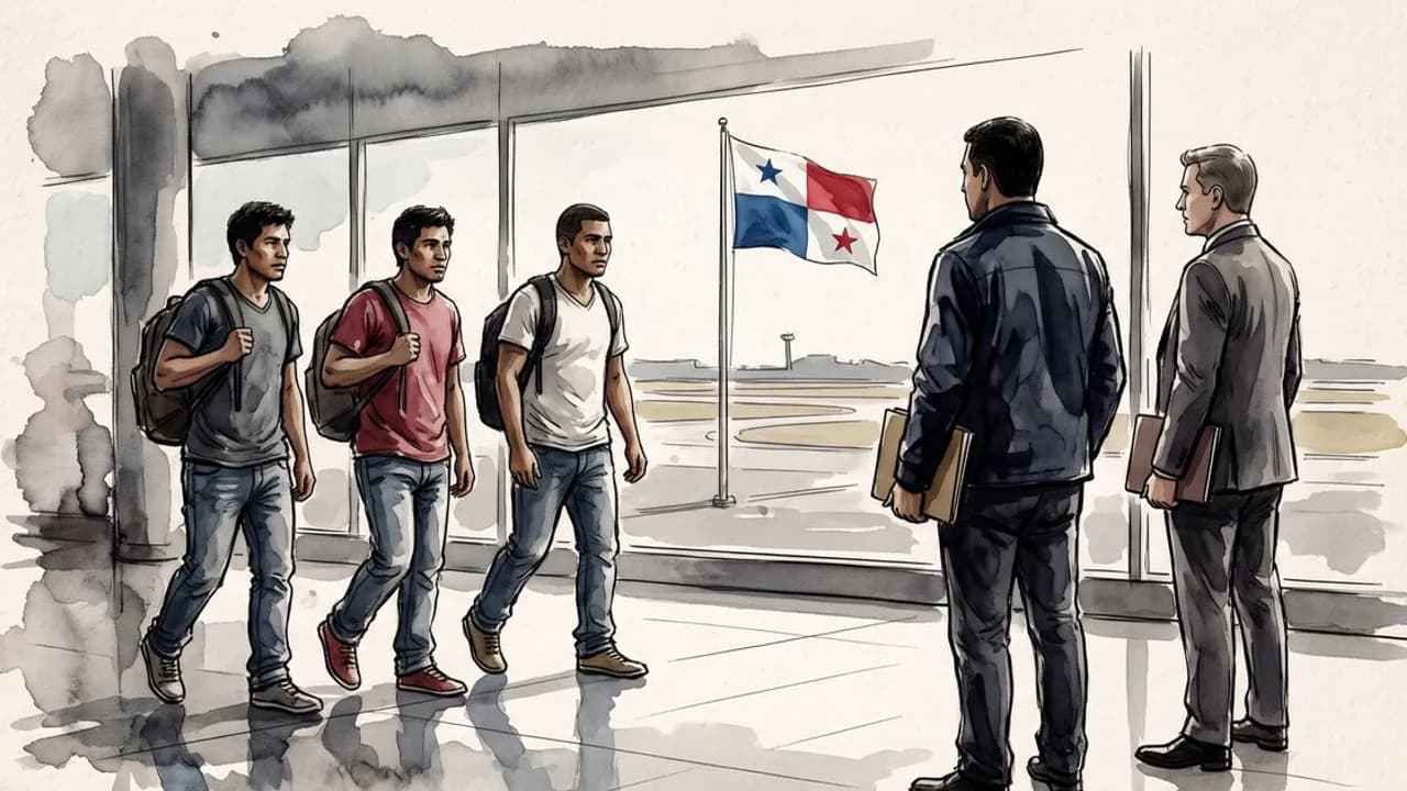 Tres hombres jóvenes con mochilas caminan en la sala de un aeropuerto frente a la bandera de Panamá.