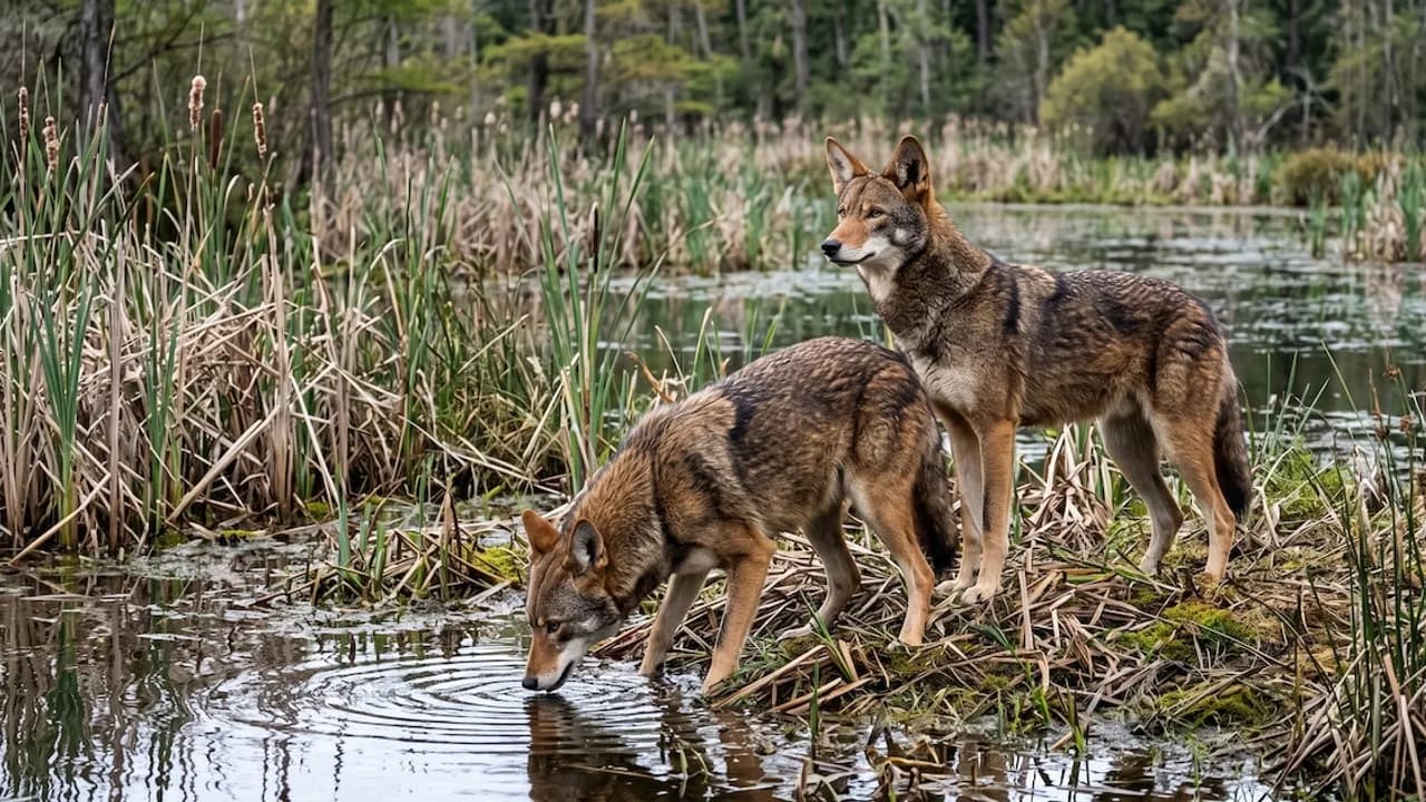 Dos lobos rojos entre juncos y vegetación de un humedal, mientras uno de ellos bebe agua del estanque.