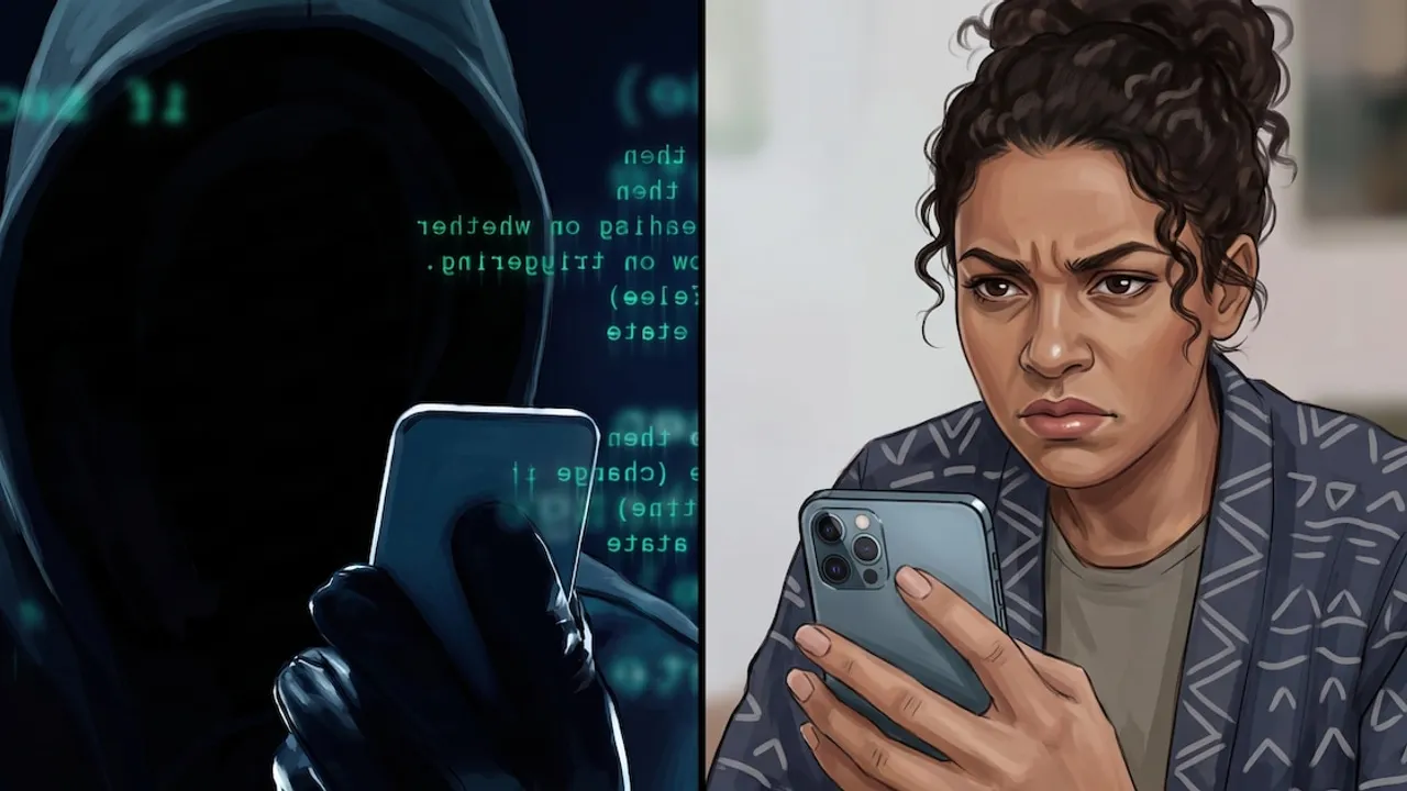 Ilustración de una persona con capucha sosteniendo un teléfono y una mujer mirando la pantalla preocupada.