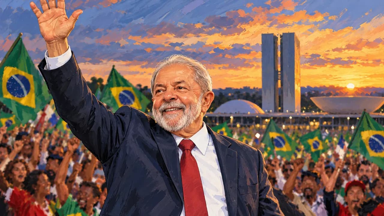 Ilustración de Luiz Inácio Lula da Silva saludando ante una multitud con banderas frente al Congreso en Brasilia.