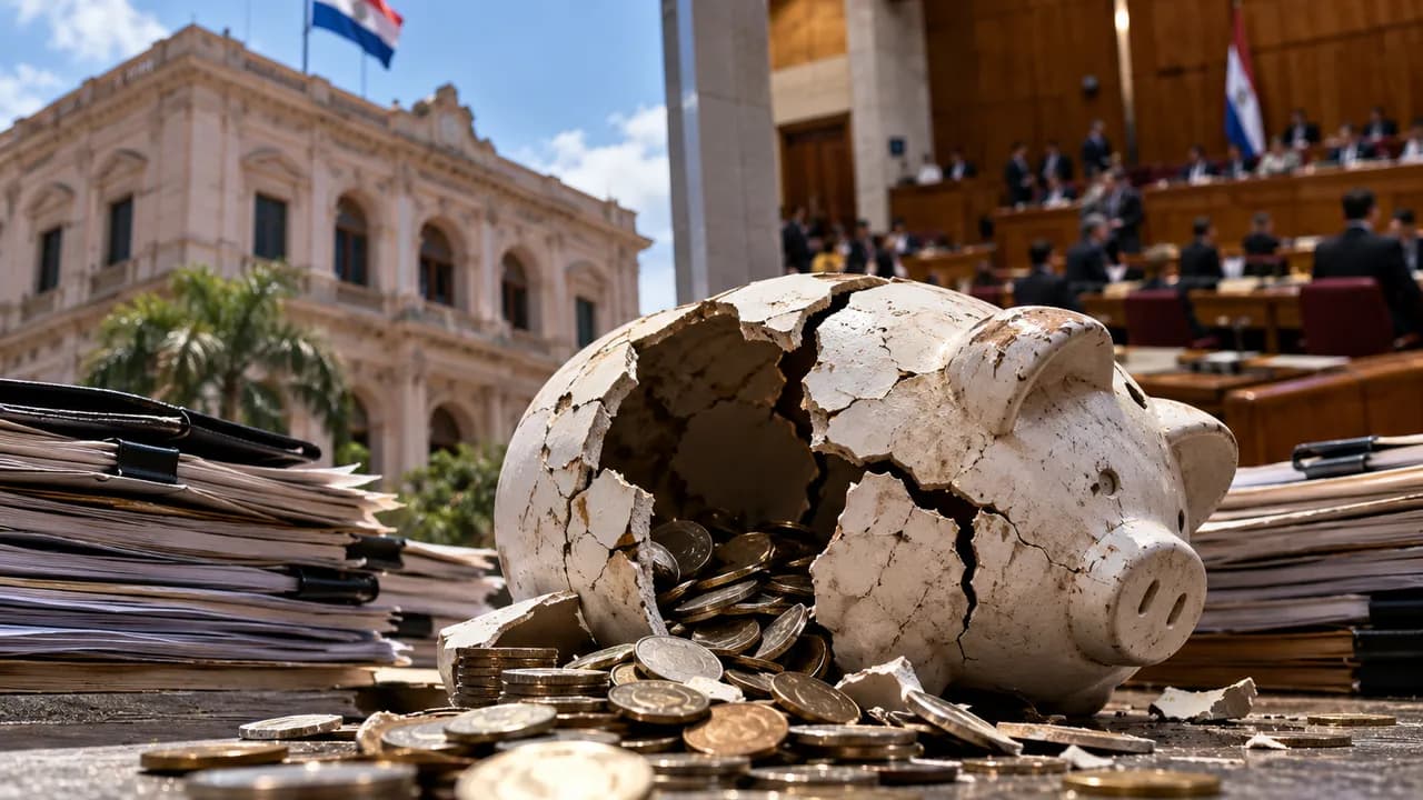 Alcancía rota de cerámica con monedas esparcidas sobre una mesa frente a la sede del Congreso Nacional