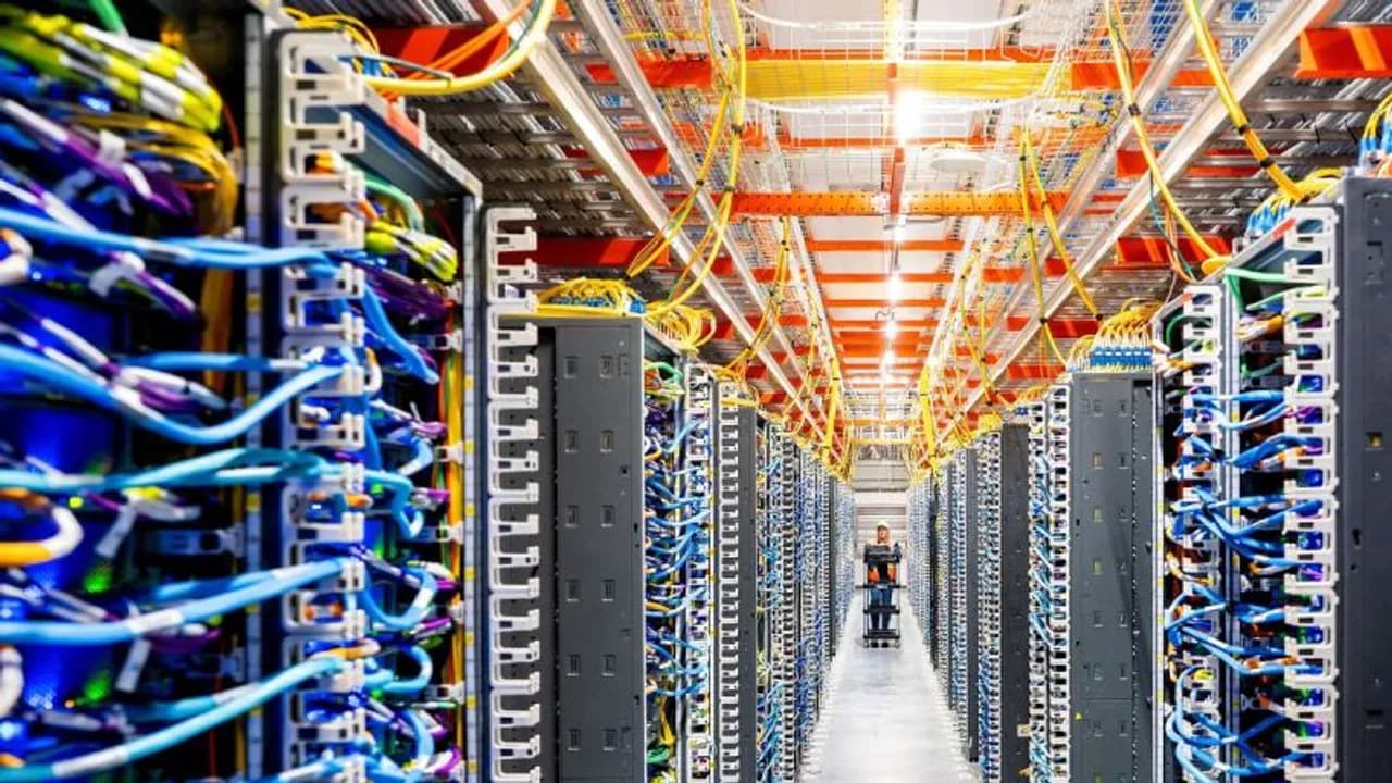 Pasillo de centro de datos con servidores informáticos, cableado multicolor y un operario al fondo.