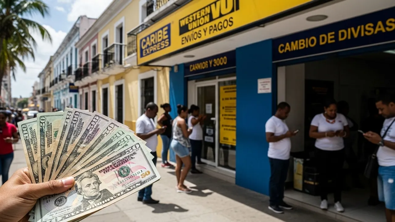 Mano que sostiene billetes de dólares en la entrada de una sucursal de giros y transferencias de dinero.