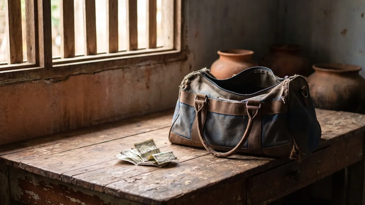 Bolso de tela gastado y varios billetes de dólares estadounidenses apoyados sobre una mesa rústica de madera.