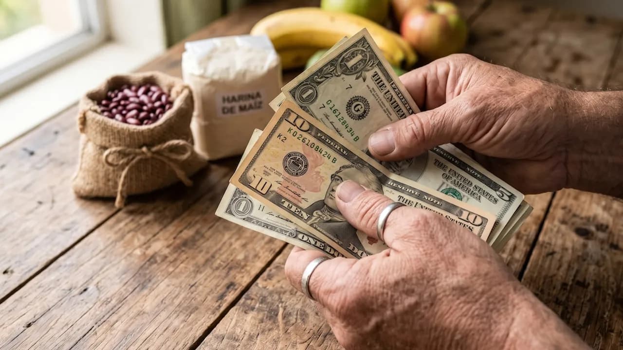 Manos sosteniendo billetes de dólares estadounidenses sobre una mesa junto a una bolsa de maíz y frijoles.