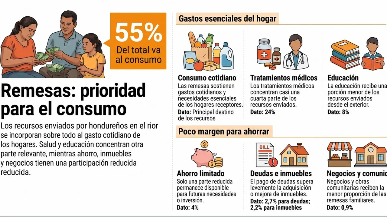 Infografía ilustrada que explica el destino de las remesas con gráficos de alimentos, médicos y libros.