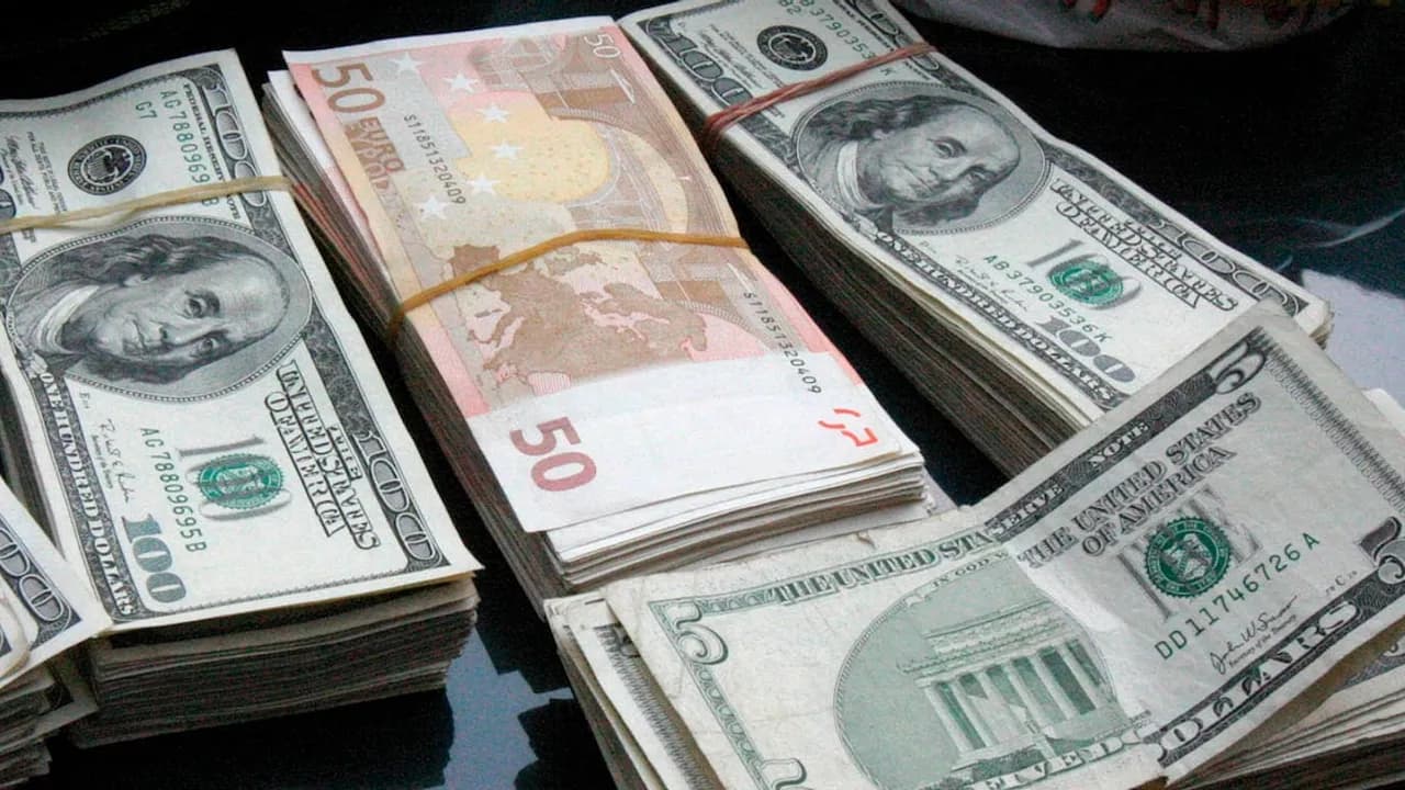 Varios fajos de billetes de cien dólares, cincuenta euros y cinco dólares atados con bandas elásticas