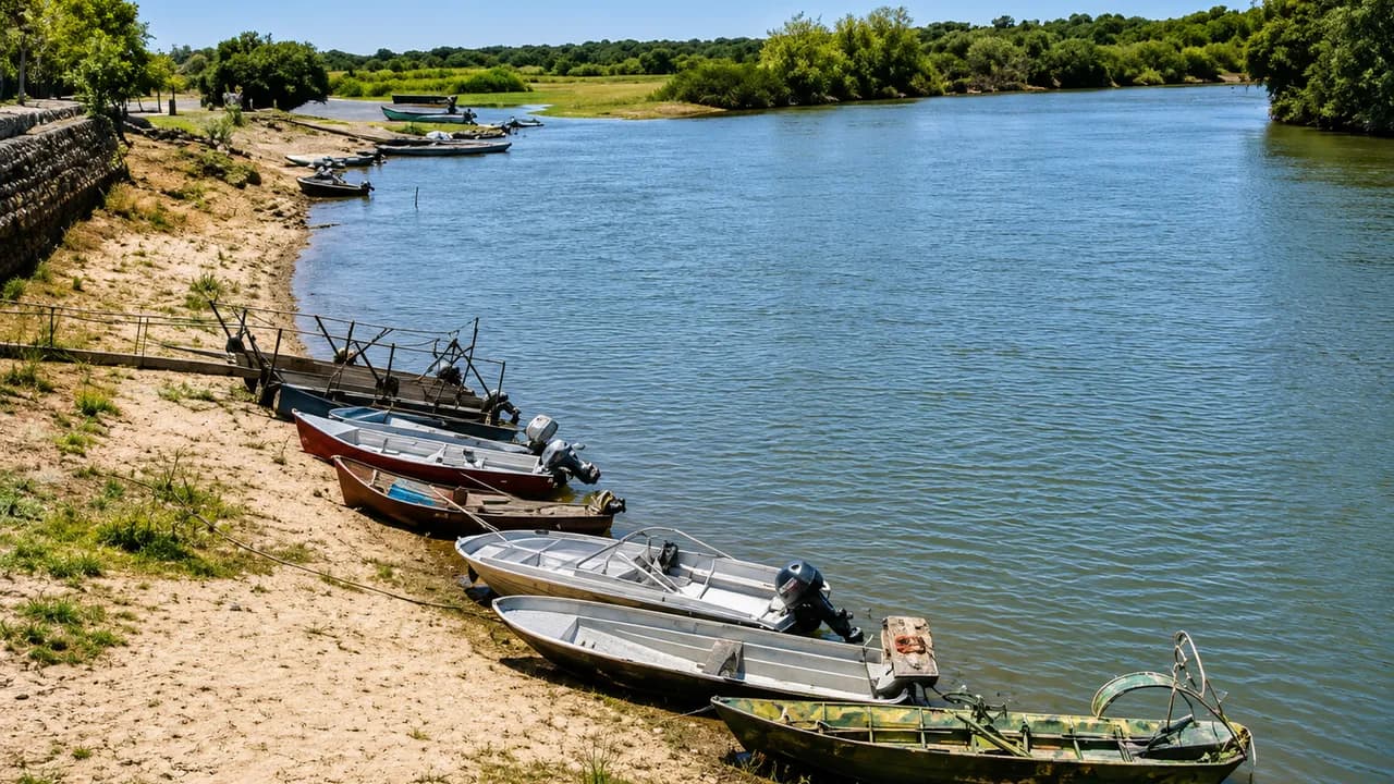 Varias lanchas a motor amarradas en la orilla seca de un río frente a una densa franja de árboles y vegetación.