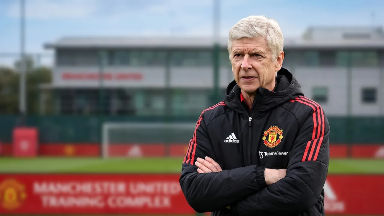 Arsène Wenger con los brazos cruzados vistiendo una campera deportiva oscura con el escudo de Manchester United.