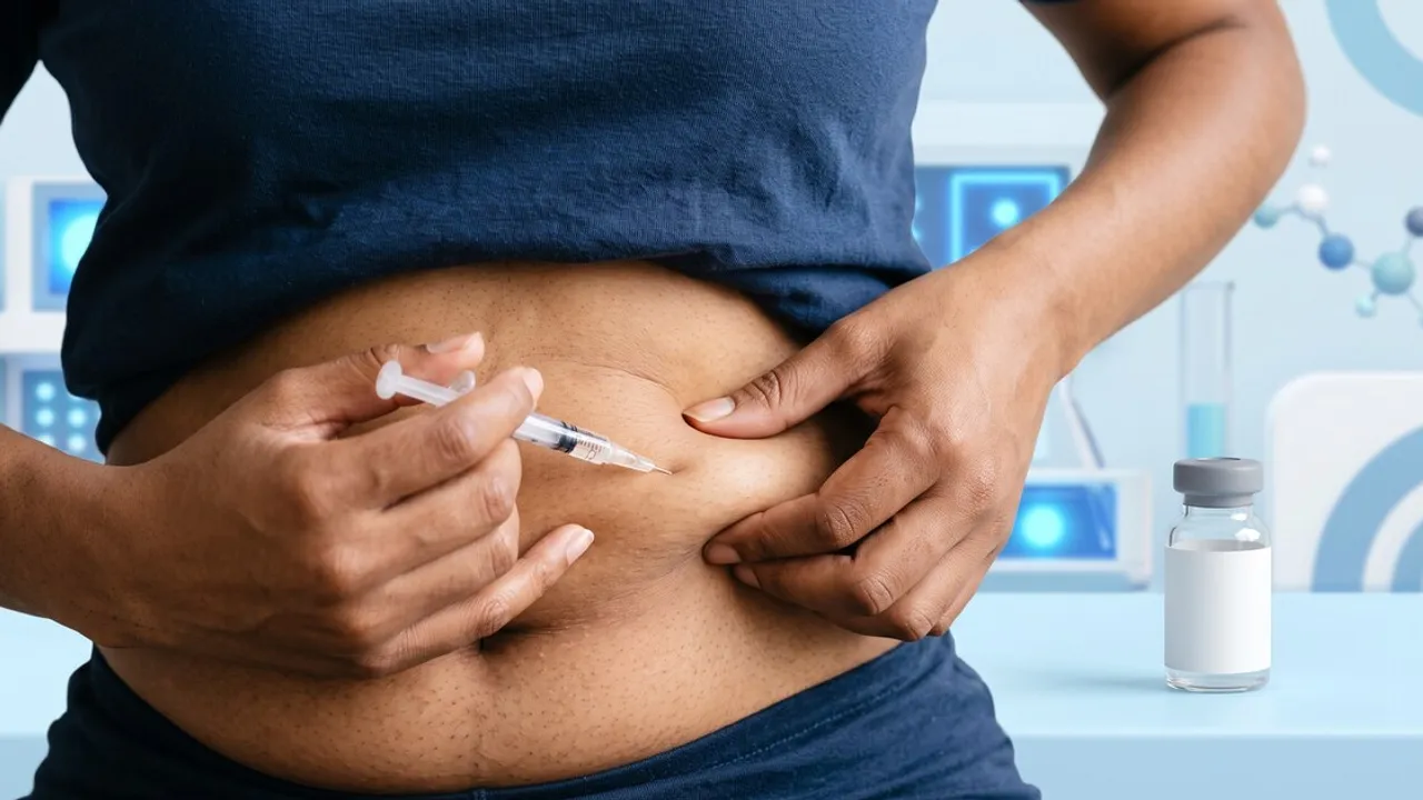 Persona aplicándose una inyección subcutánea en el abdomen junto a un vial de medicamento sobre una mesa.