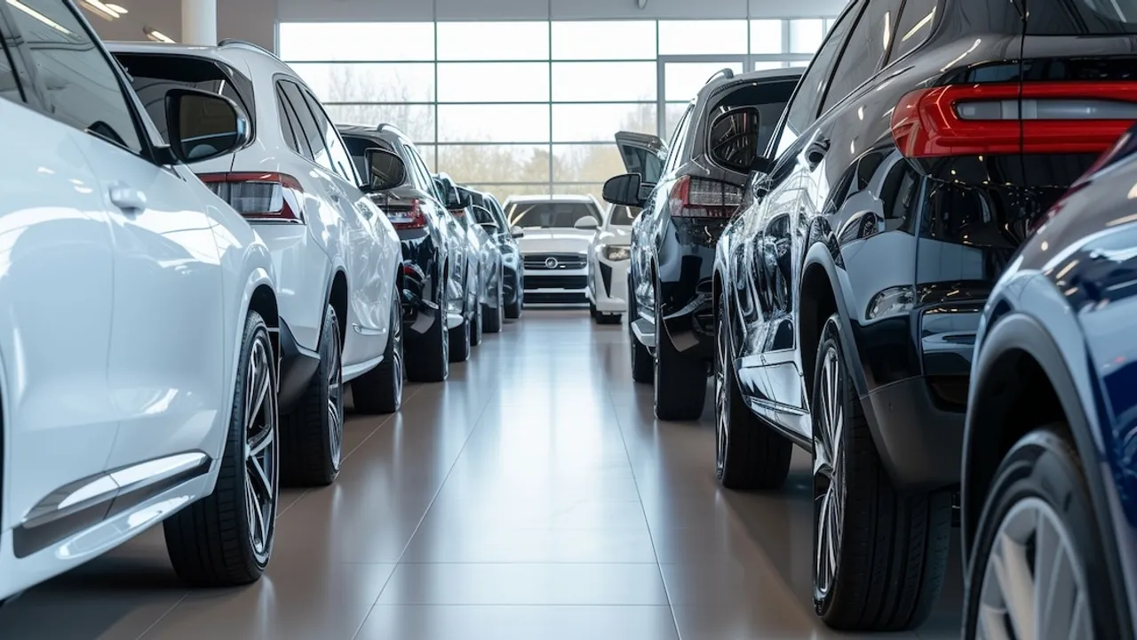 Fila de camionetas y automóviles cero kilómetro estacionados en el salón de un concesionario moderno