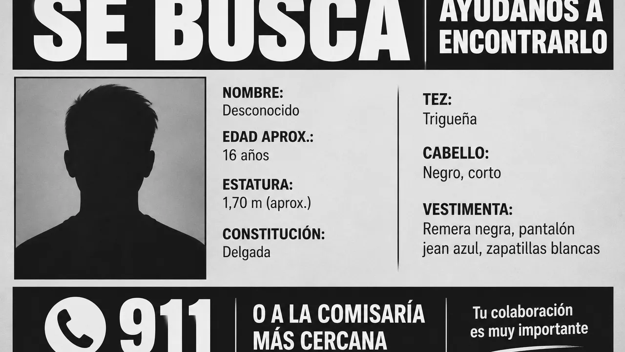 Afiche de búsqueda con silueta oscura de persona, datos descriptivos de vestimenta y número de emergencias 911.