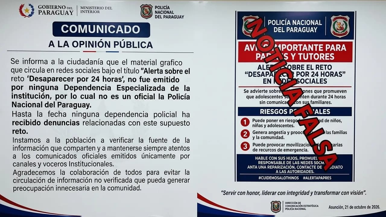 Comunicado oficial de la Policía Nacional de Paraguay con el sello de noticia falsa sobre un reto viral