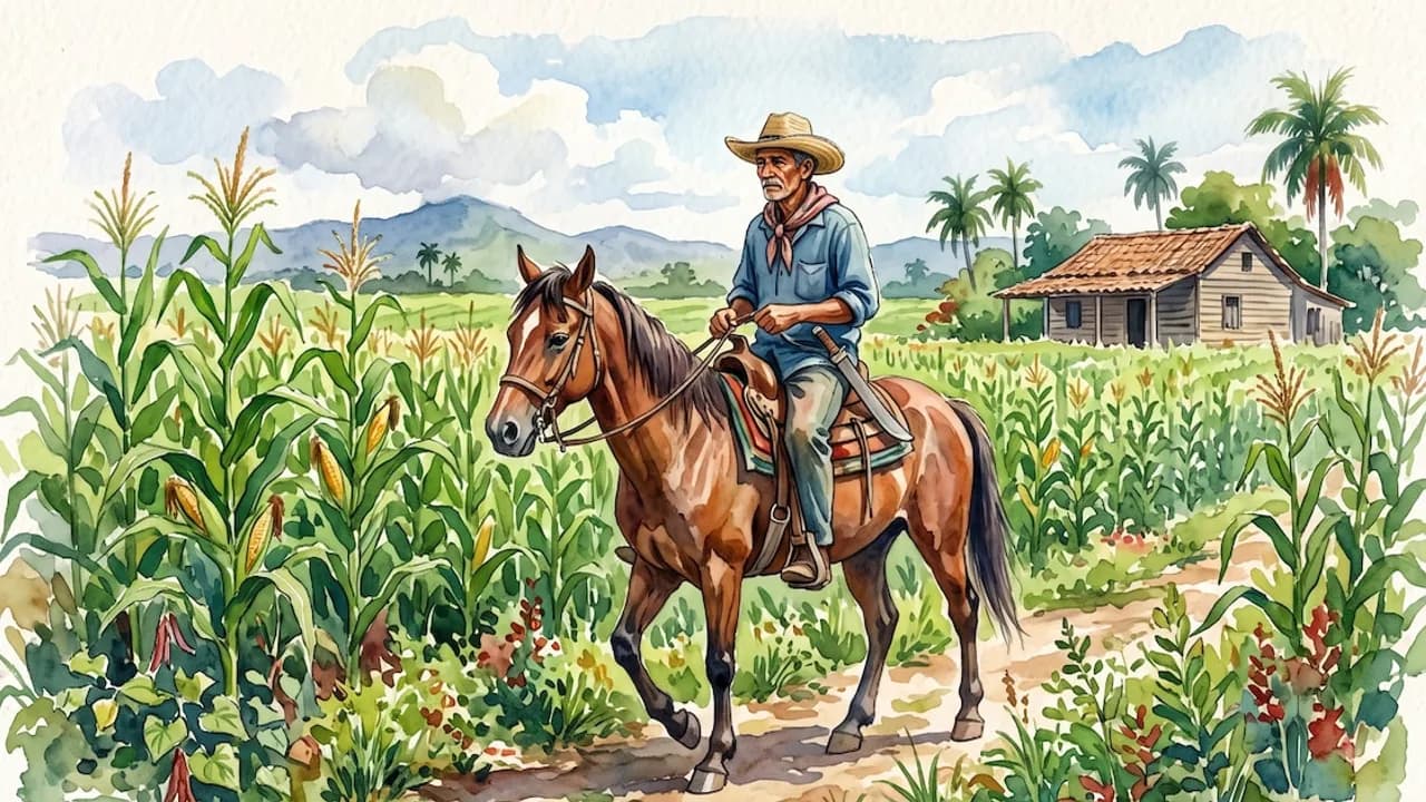 Ilustración en acuarela de un hombre a caballo junto a un maizal y una casa rural de madera bajo el cielo claro.