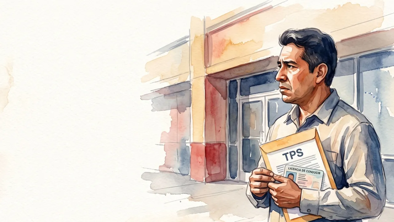 Ilustración en acuarela de un hombre frente a una oficina sosteniendo una carpeta del TPS y una credencial de conducir.