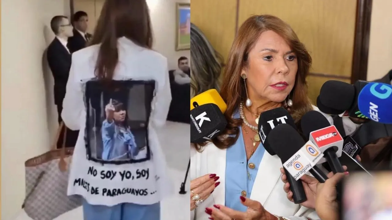 Senadora con blazer blanco estampado con una fotografía y rodeada de micrófonos de prensa en un pasillo.