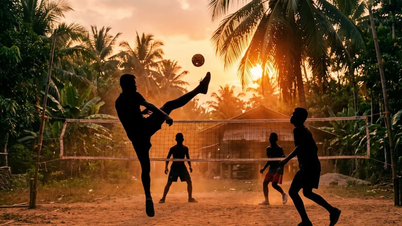 Siluetas de jóvenes jugando con un balón sobre una red al atardecer en una cancha de tierra rodeada de palmeras.