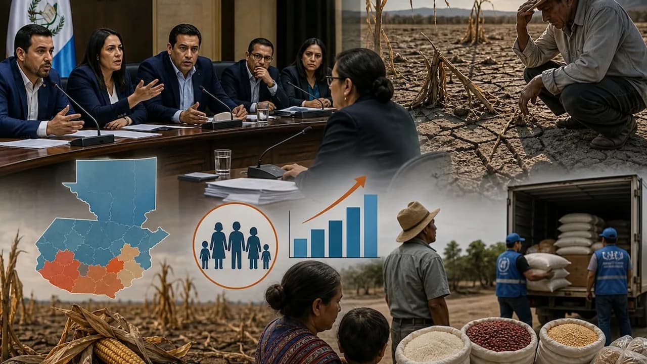 Composición con legisladores en reunión, campos secos por sequía, gráficos demográficos y descarga de sacos de granos.