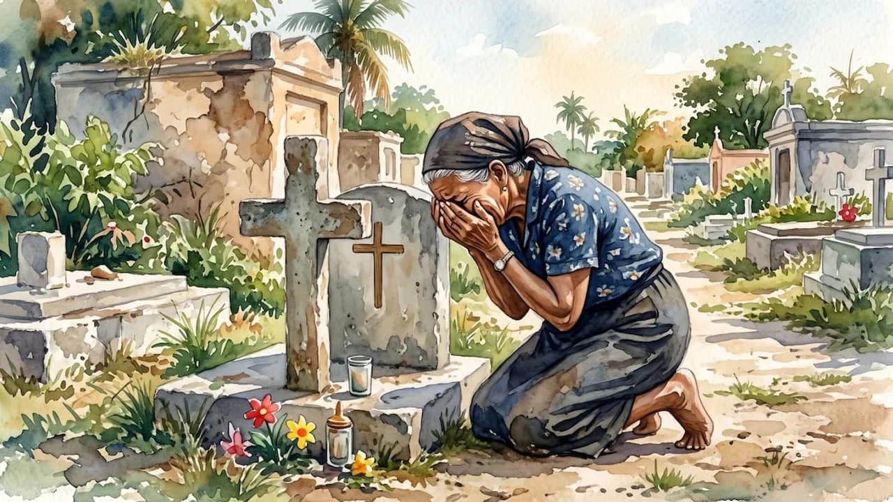 Mujer arrodillada llorando con las manos en el rostro frente a una cruz de piedra en un camposanto antiguo.