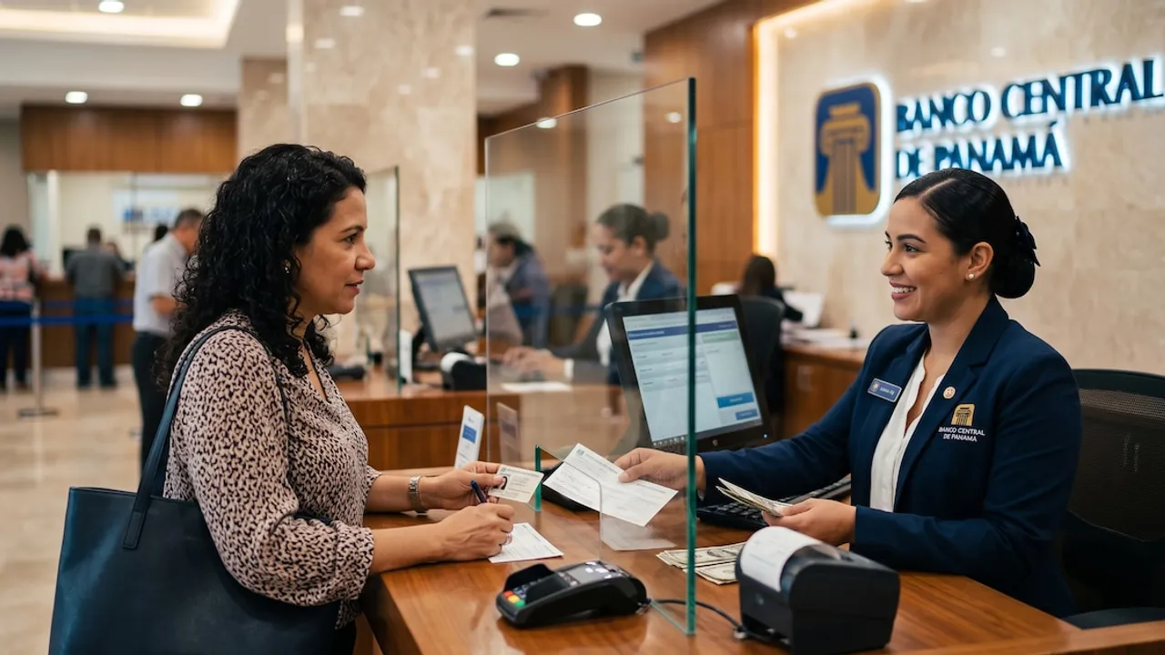 Cajera atiende a una clienta frente al mostrador de atención de una sucursal bancaria en Panamá