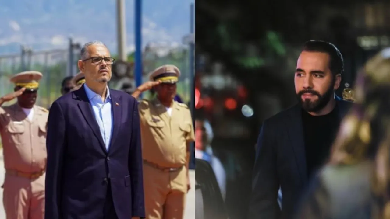 Composición de dos imágenes con Alix Didier Fils-Aimé de traje formal y Nayib Bukele caminando en horario nocturno.