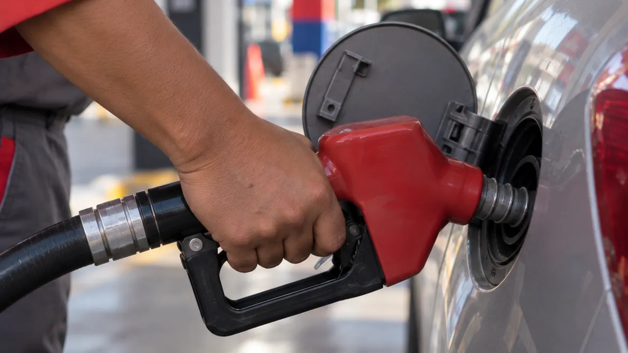 Manguera de combustible roja suministrando nafta en el tanque de un automóvil plateado.