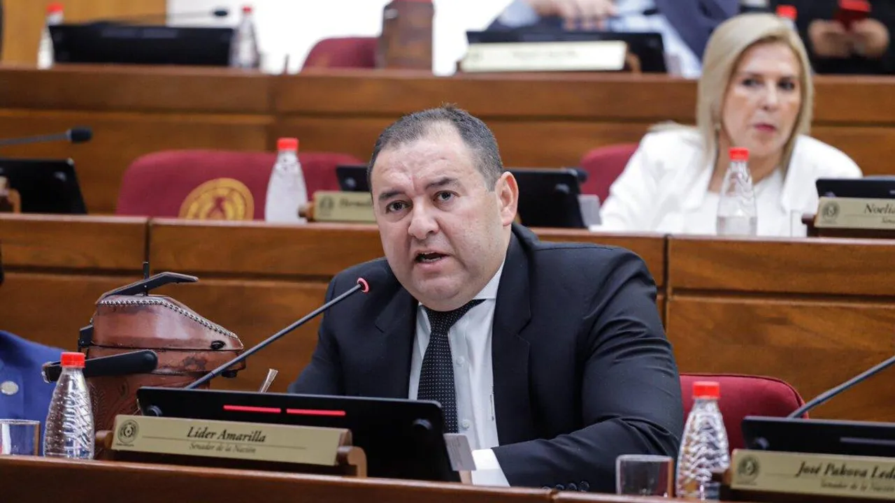 El senador Líder Amarilla sentado en su banca de la Cámara de Senadores habla frente a un micrófono.