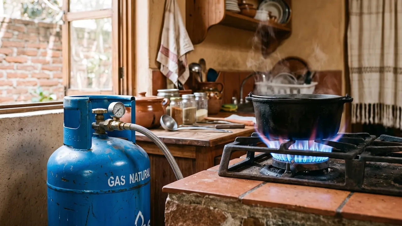 Cilindro de gas azul conectado a una cocina rústica donde hierve una olla sobre fuego encendido