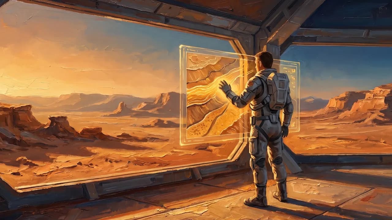 Astronauta con traje espacial observa un paisaje árido marciano y toca una pantalla holográfica luminosa.